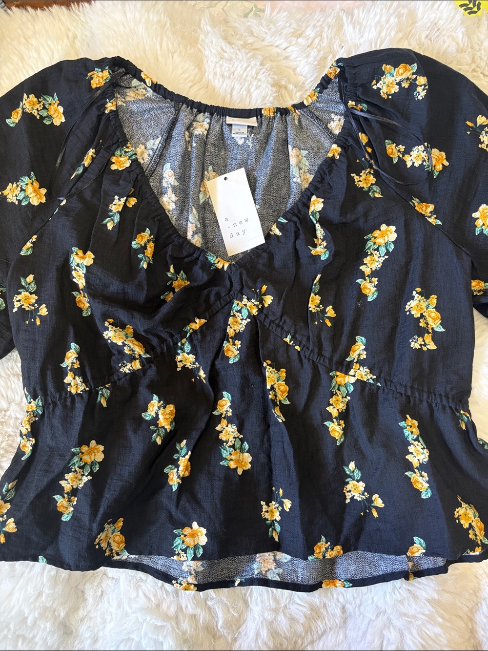 a new day Black Floral Peasant Top with Yellow Print